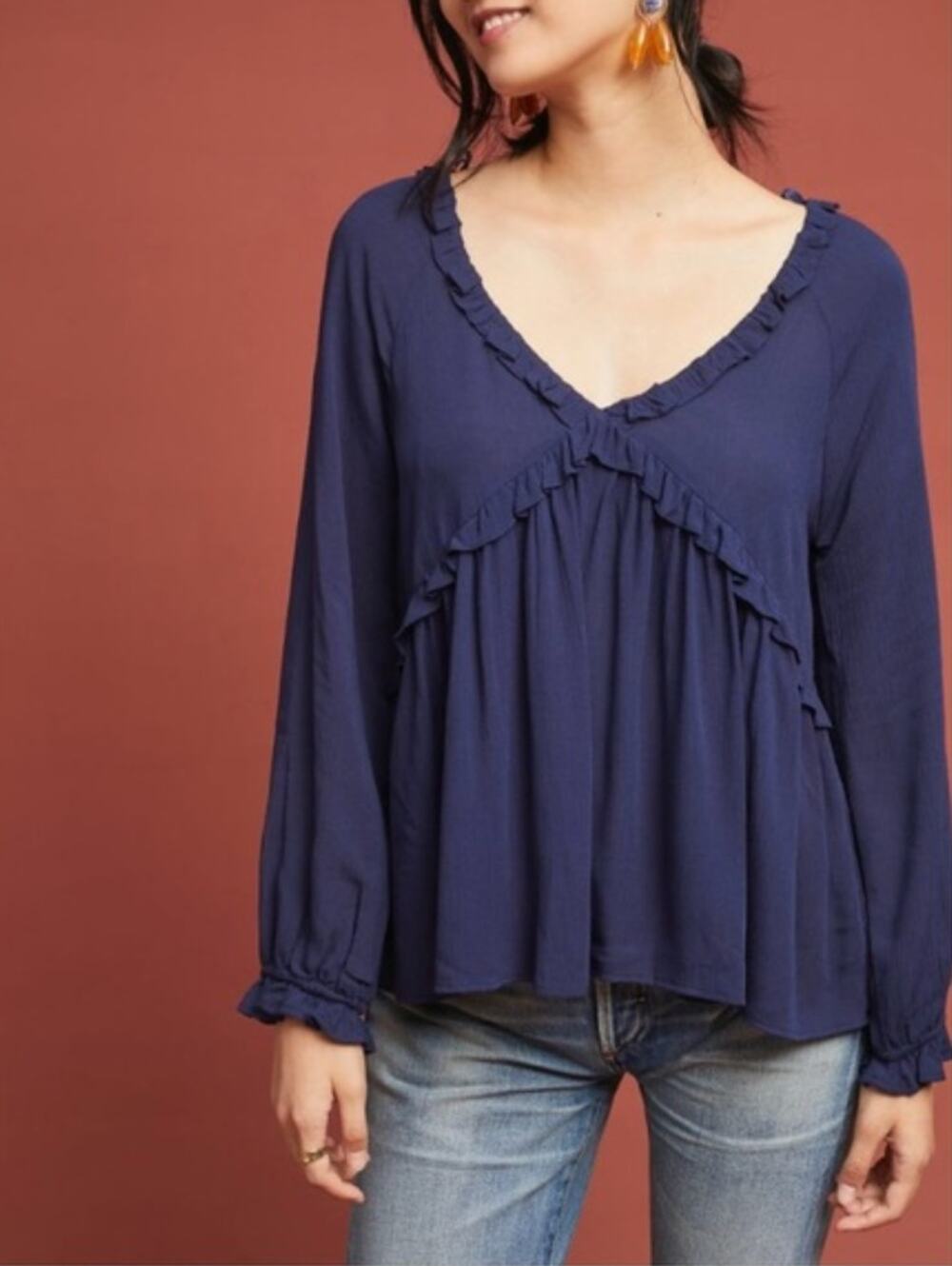 ANTHROPOLOGIE Eri + Ali  NWT Navy Ruffle V-Neck Blouse // XS